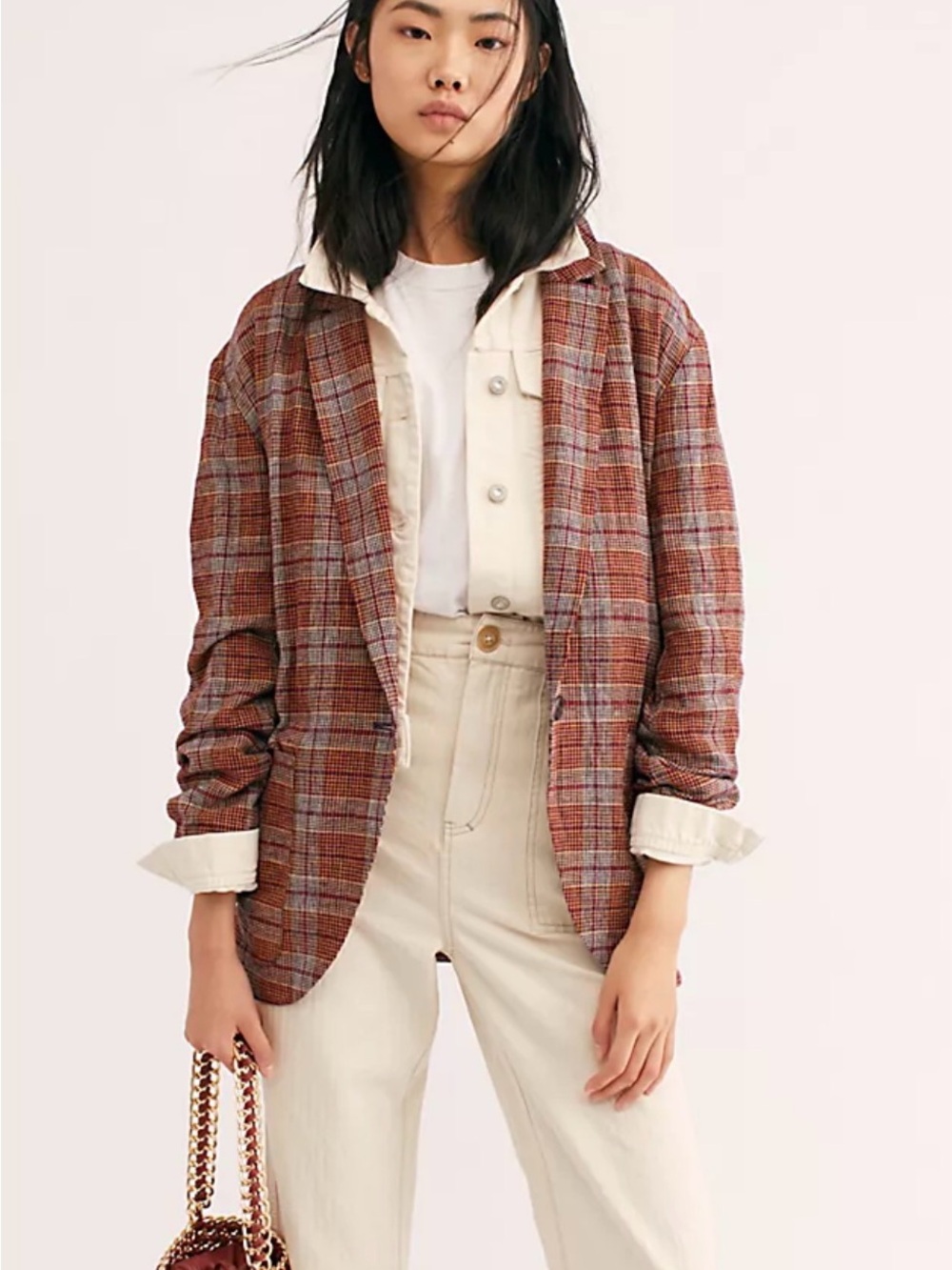 Free People Plaid Blazer Jacket in Rust Plaid - Women